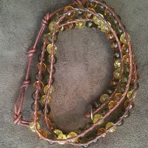 Leather and green bead wrap bracelet
